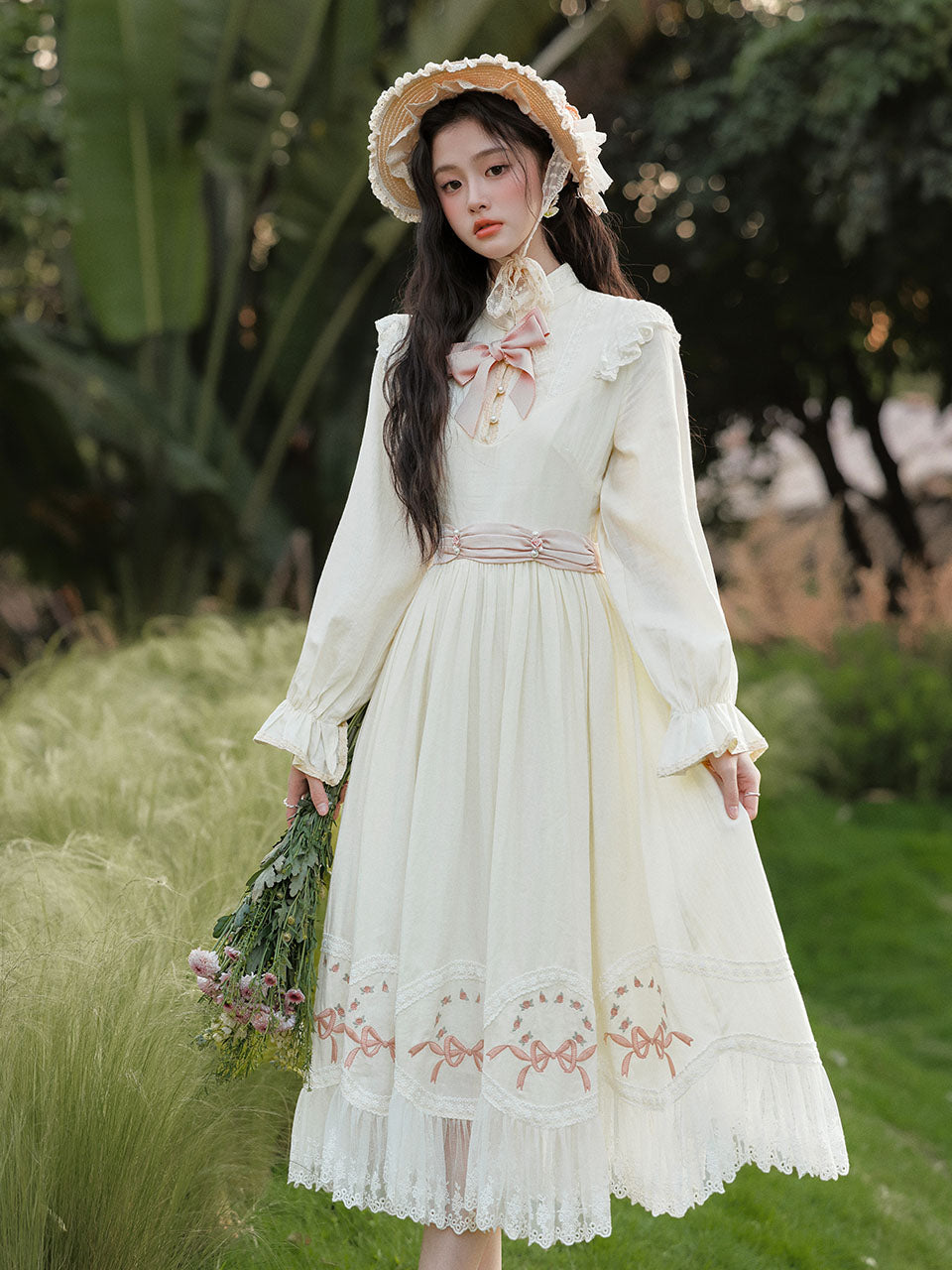 White Edwardian High Neck Lace Embroidered Vintage Dress