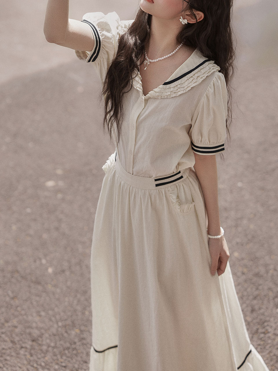 White Sailor Style Top and Skirt Set 2 Piece Matching Outfit for Women