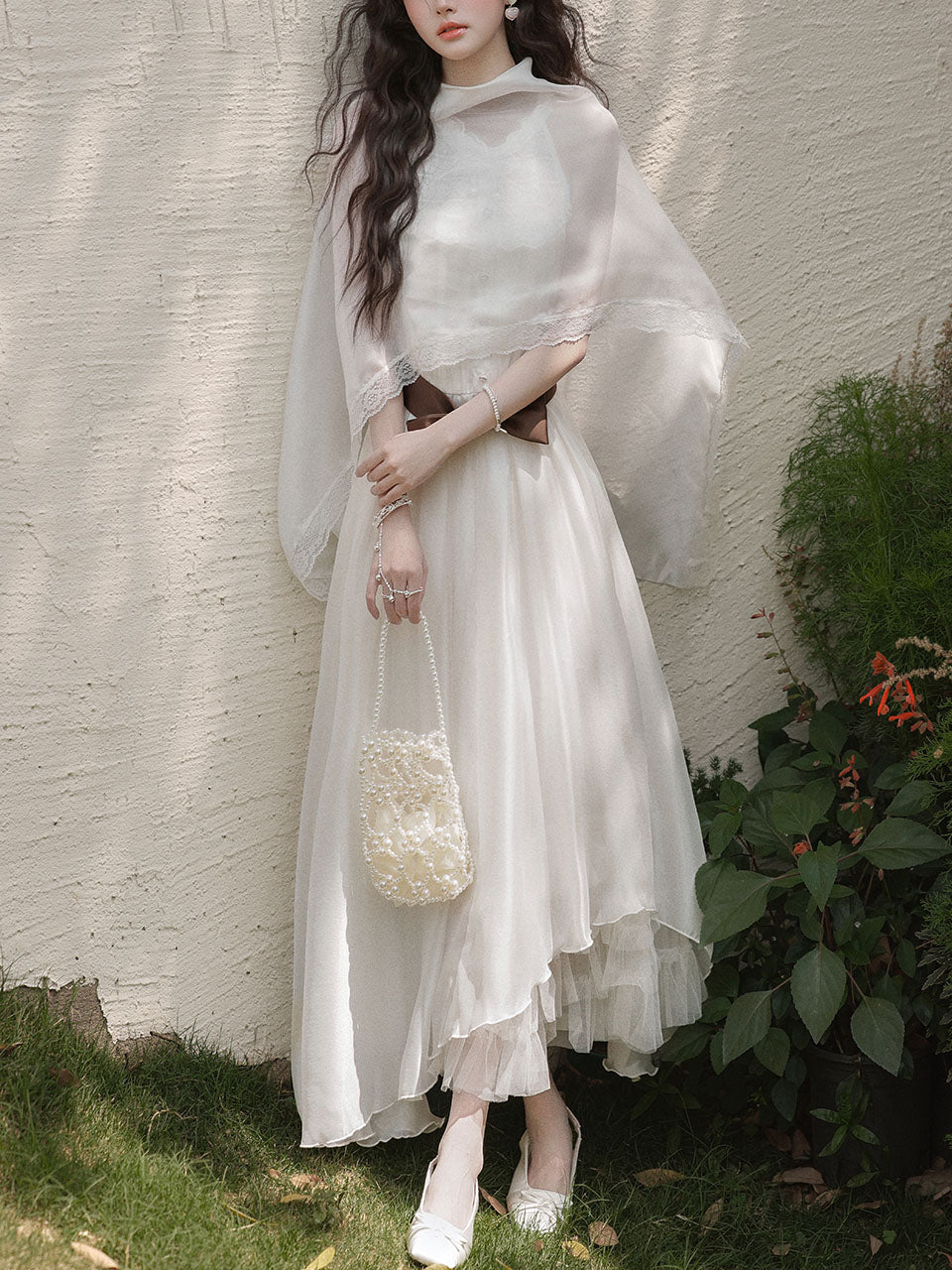 2PS White Lace Chiffon Cape Vintage Dress Set