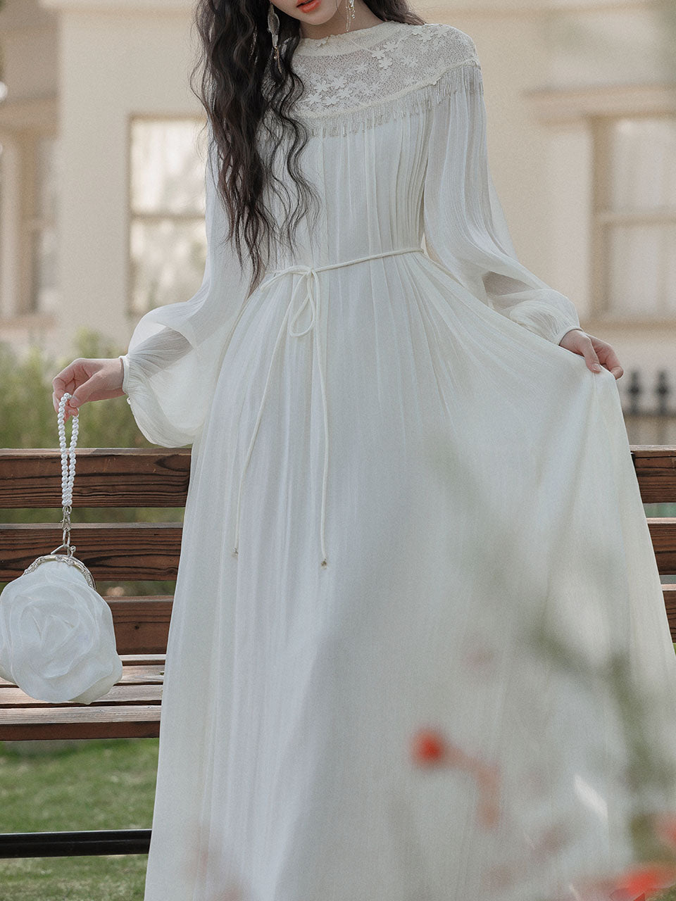 Vintage White Lace Fringe Flowing Boho Wedding Maxi Dress