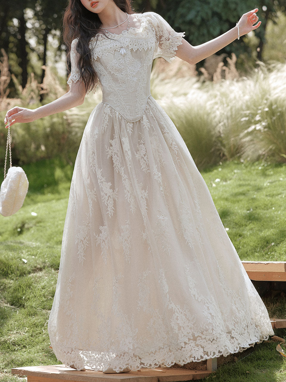 Ivory Victorian Style Lace Corset Wedding Gown Wedding Maxi Dress