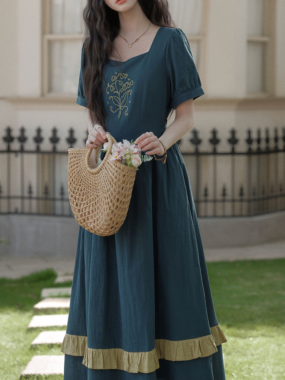 Peacock Blue Bluebell Embroidered Vintage Dress
