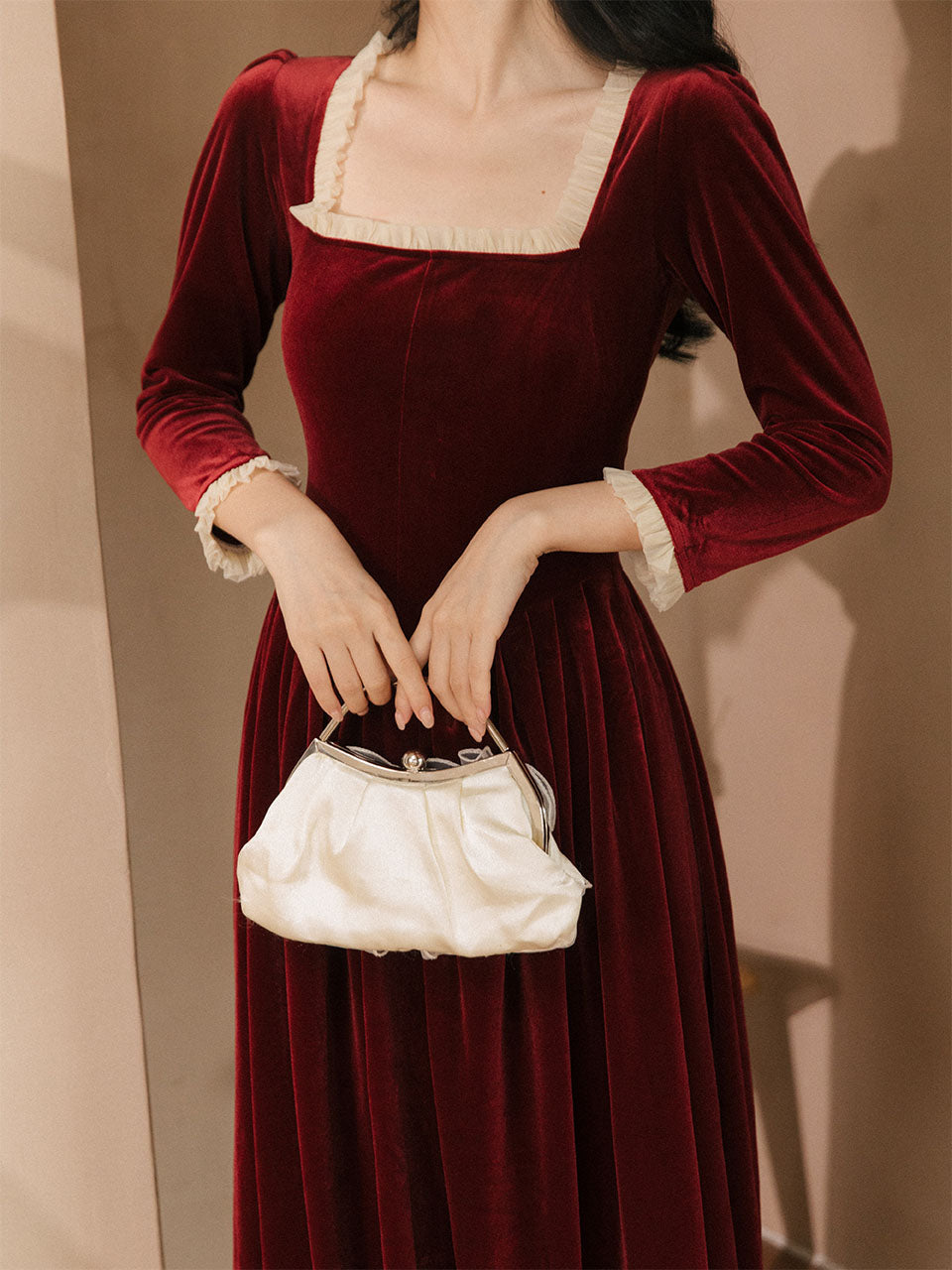 Red Square Collar White Lace Velvet 1950S Hepburn Style Vintage Dress