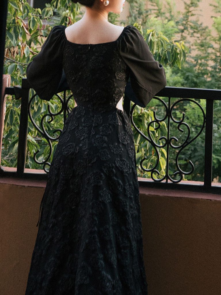 Black Glass Diamond Rose Jacquard Hollow-carved Dress 1950S Hepburn Style Outfits