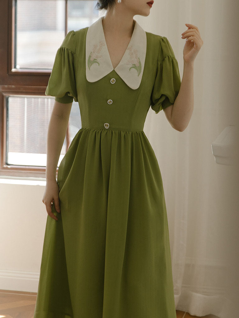 Green Chelsea  Floral Embroidered Collar Audrey Hepburn 1950S Dress