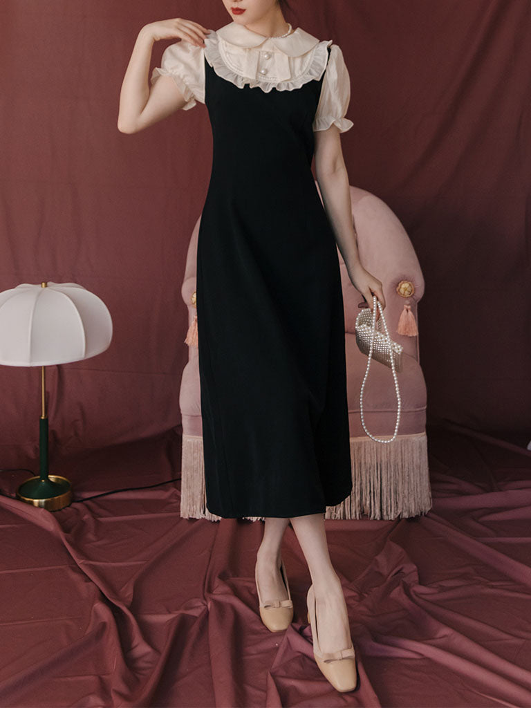Black Peter Pan Ruffles Puff Sleeve Audrey Hepburn 1950S Dress