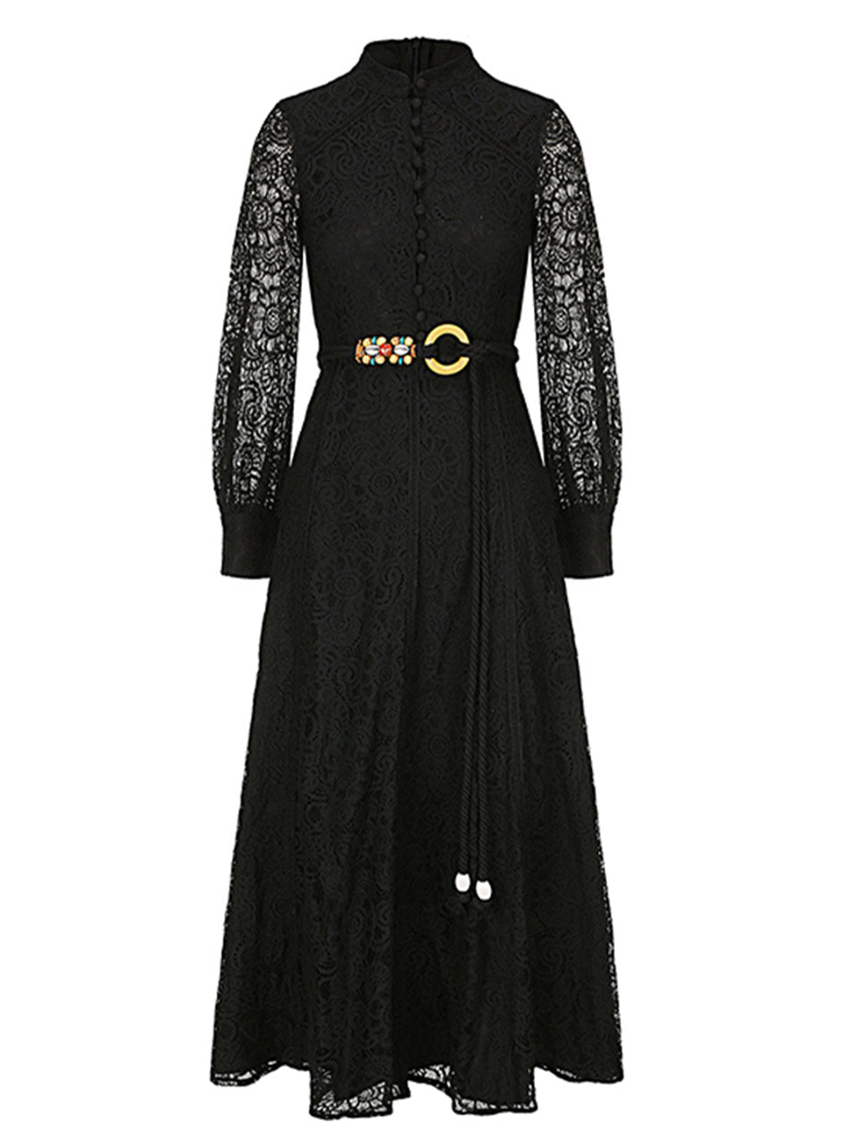 Blue Edwardian Lace Stand Collar Long Sleeve Maxi Dress
