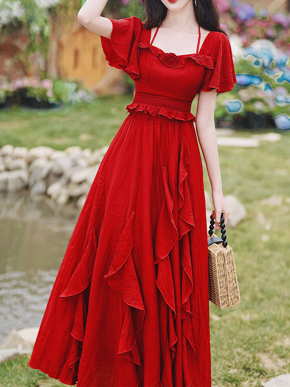 2PS Red Rose Ruffles Spaghetti Strap Top and High Waist Swing Dress Set