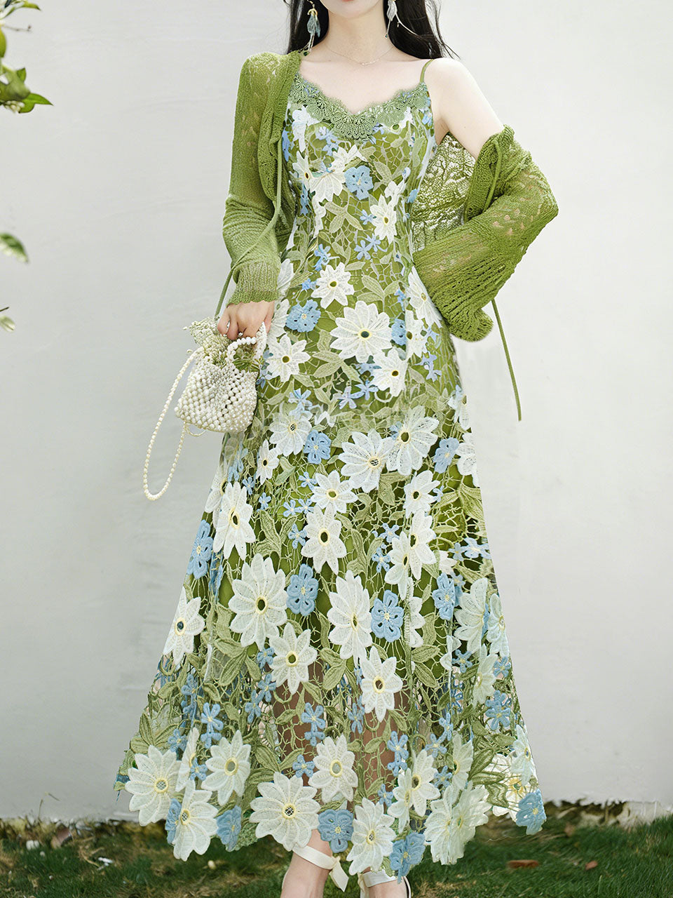 Green Floral Embroidered Lace Maxi Dress Prom Dress