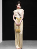2PS Silk Printed Sleeveless Top and Gold Metallic Pant Set