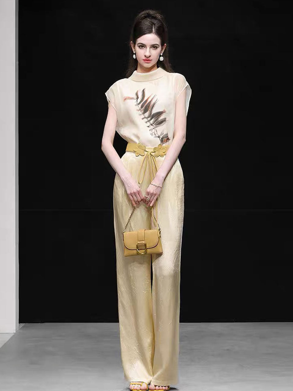 2PS Silk Printed Sleeveless Top and Gold Metallic Pant Set