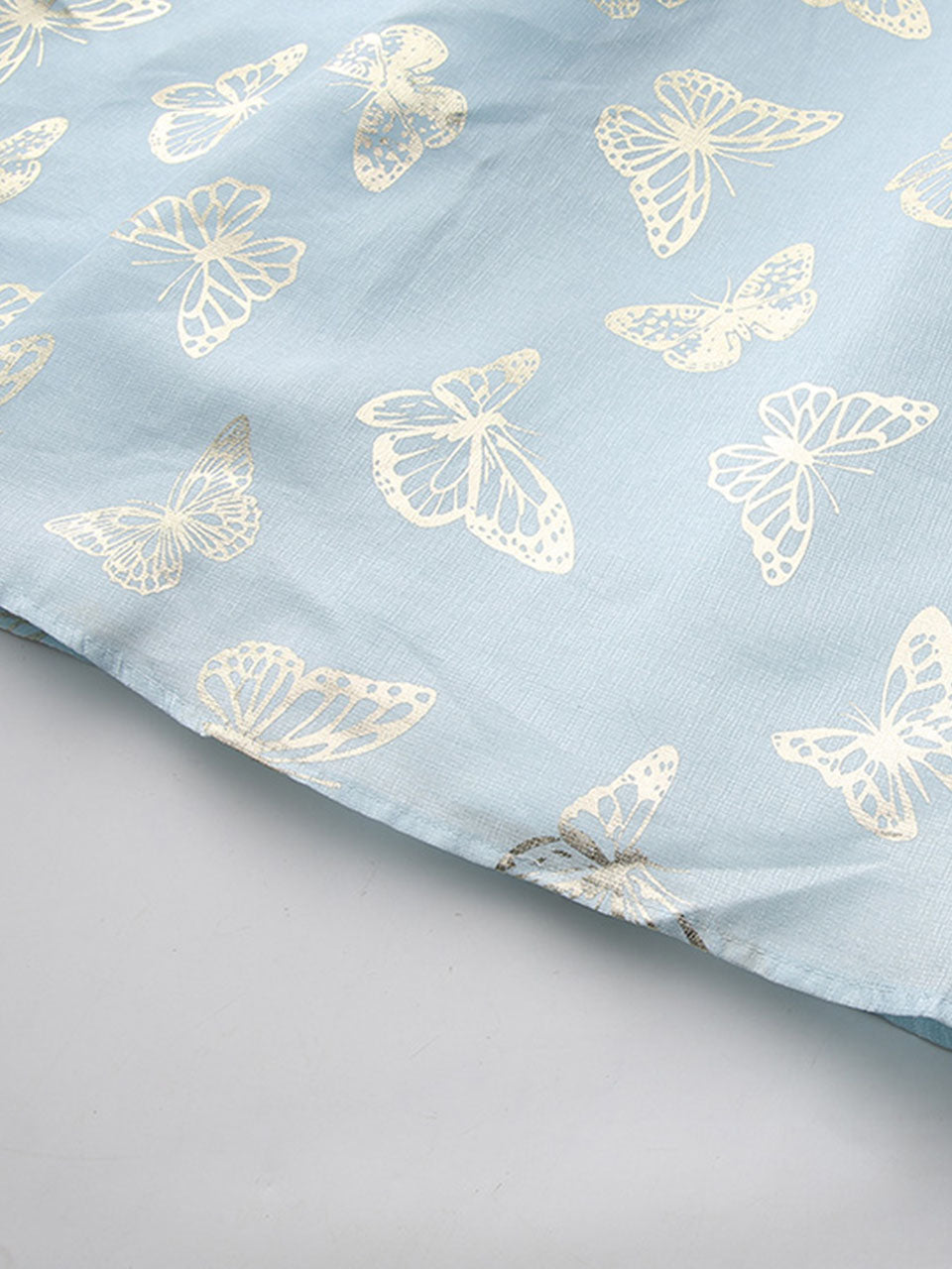 Gold Foil Butterfly Print Chiffon Blue Maxi Dress
