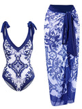 Blue And White Porcelain Retro Style V Neck One Piece