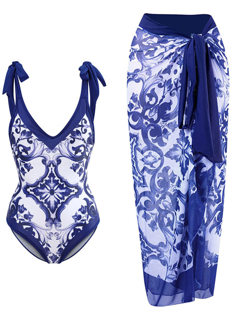 Blue And White Porcelain Retro Style V Neck One Piece