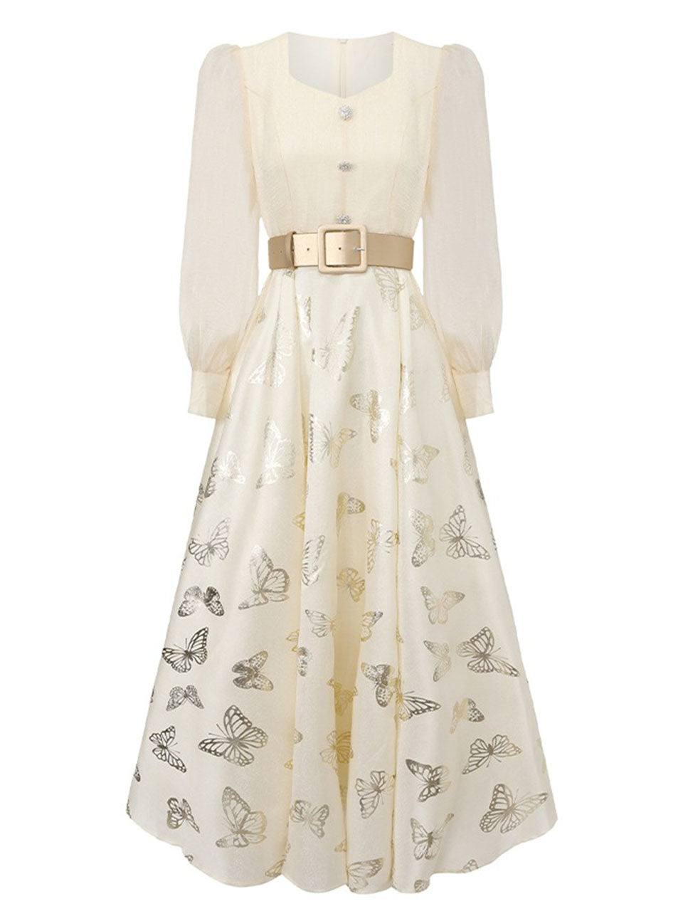 Gold Foil Butterfly Print Pink Vintage Square Neck Maxi Dress