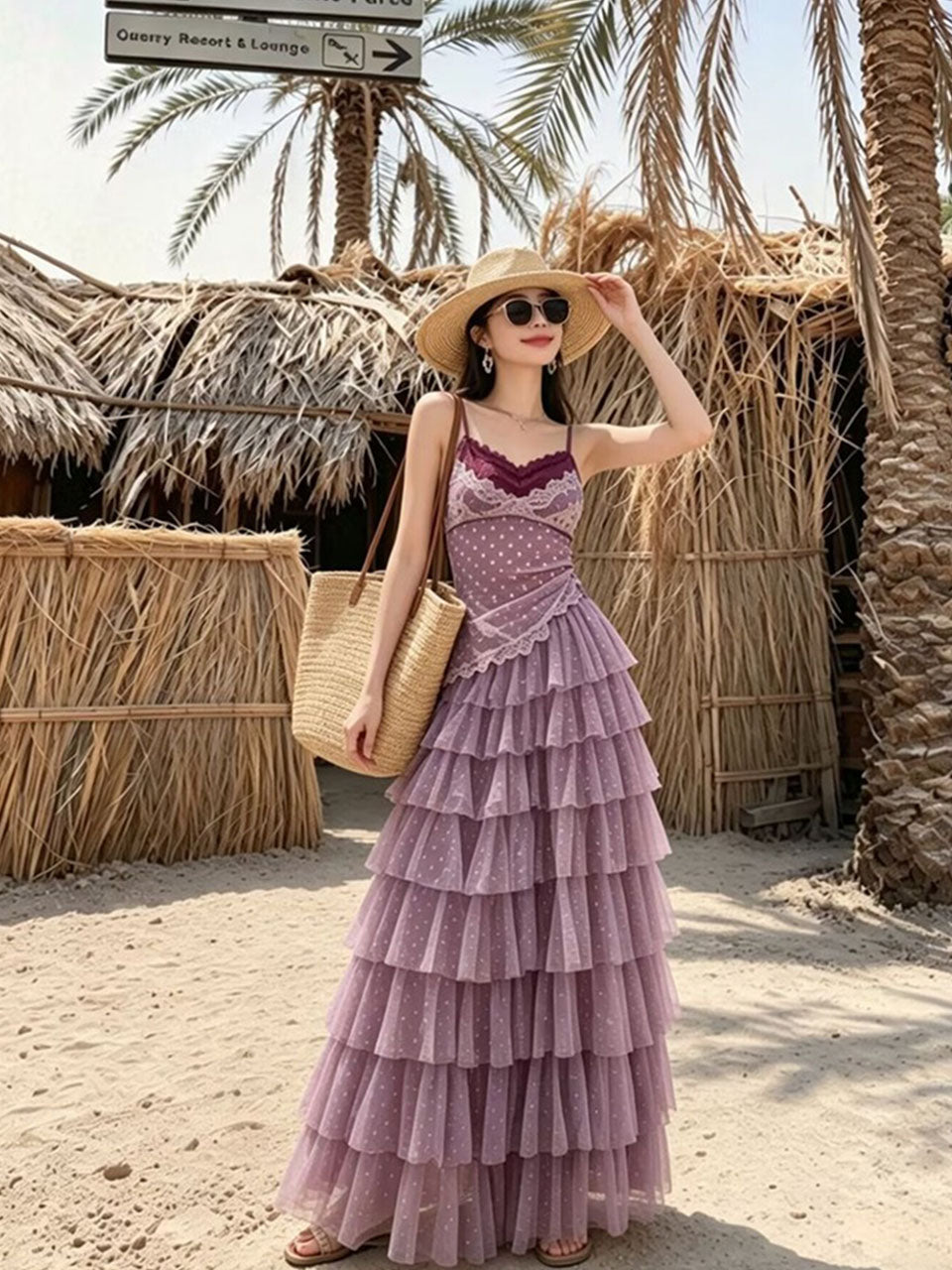 Purple Bohemian Polka Dots Camisole Top and Maxi Skirt Set