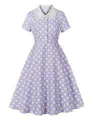1950s Purple Peter Pan Collar Polka Dots Swing Dress