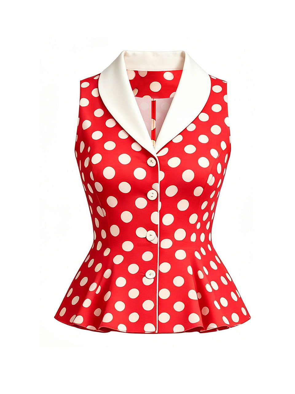 1950s Vintage Red Polka Dot Shawl Collar Peplum Vest Top Rockabilly Style