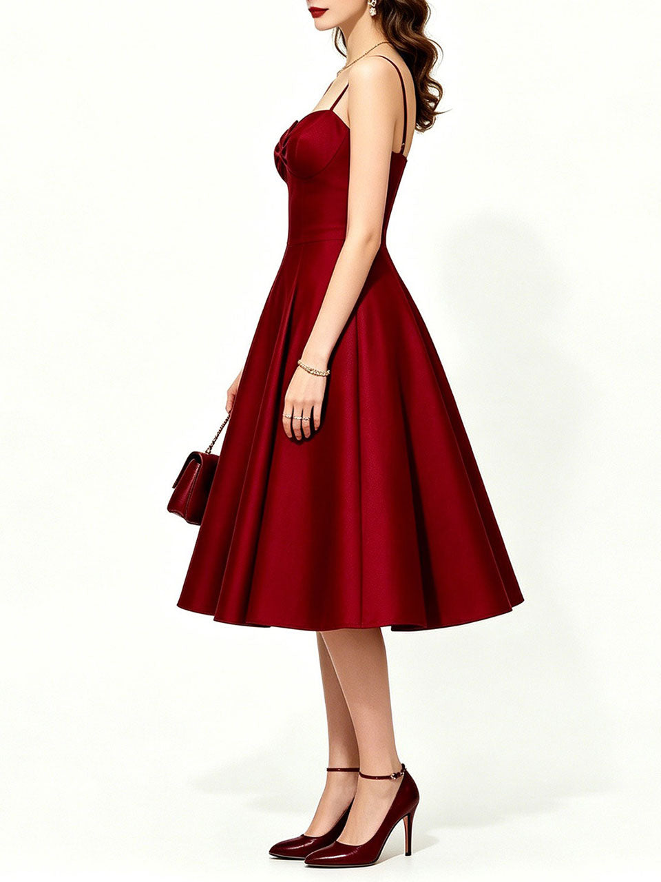 Red Satin A-Line Sweetheart Neckline Spaghetti Strap Prom & Cocktail Party Dress