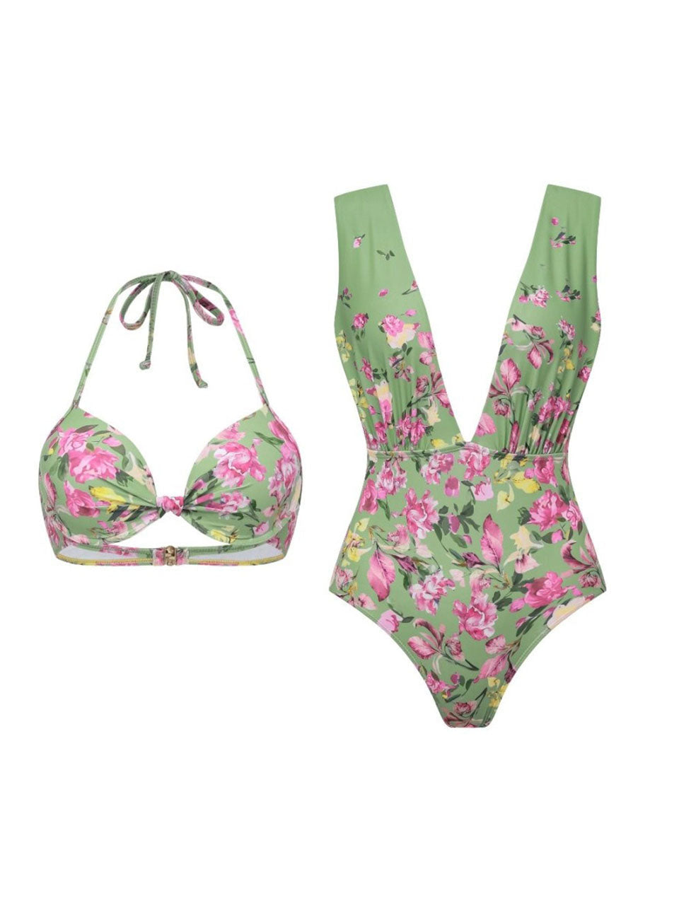 3PS Sage Green Vintage Halter Cutout Pastel Flower Print Monokini and Flowy Beach Long Skirt Swimsuit Set