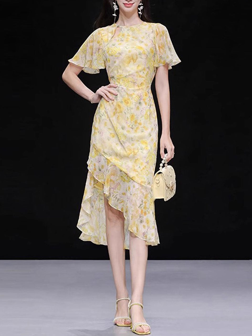 Yellow Floral Print Ruffles 1950S Vintage Dress
