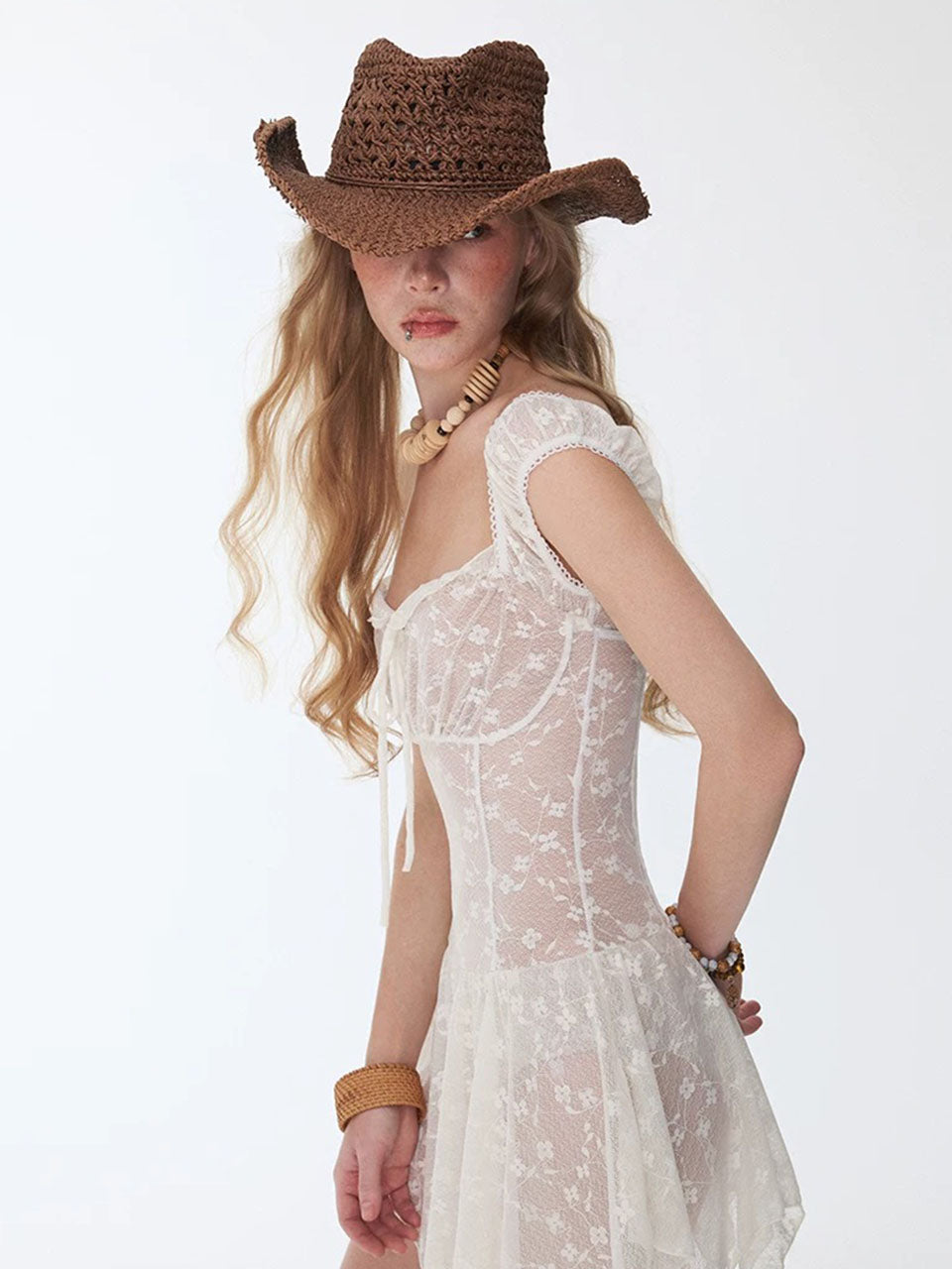 White Lace One Piece Swimdress Square Neck Skirted Swimsuit