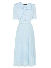 1950s Light Blue Bow Tie-Neck Pleated Swing Dress
