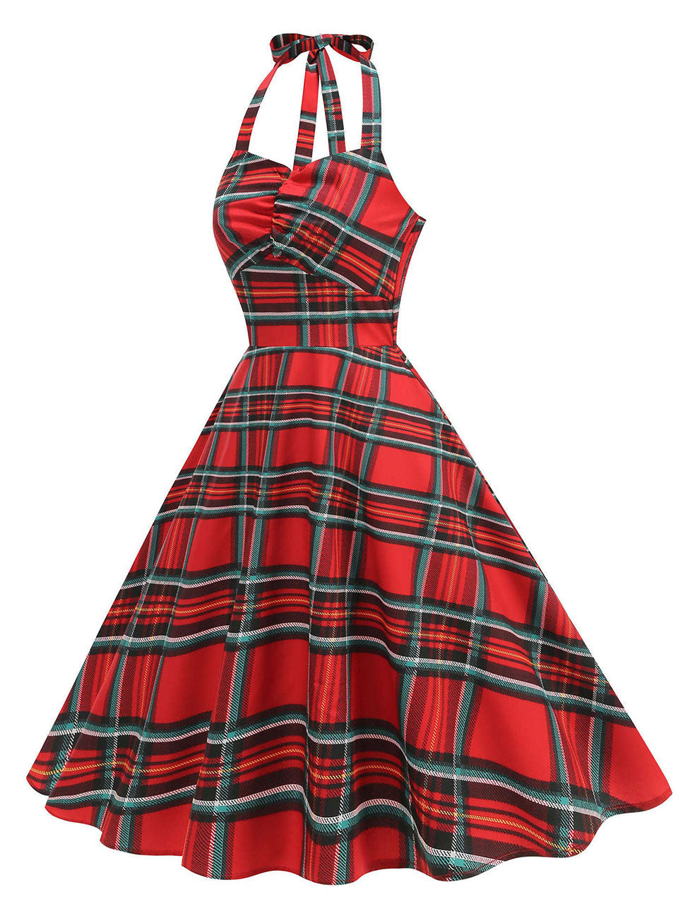 Red Plaid Sleeveless Halter Neck 50S Swing Christmas Dress