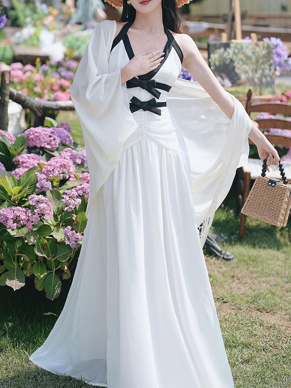 White Halter Neck Backless Vintage Dress