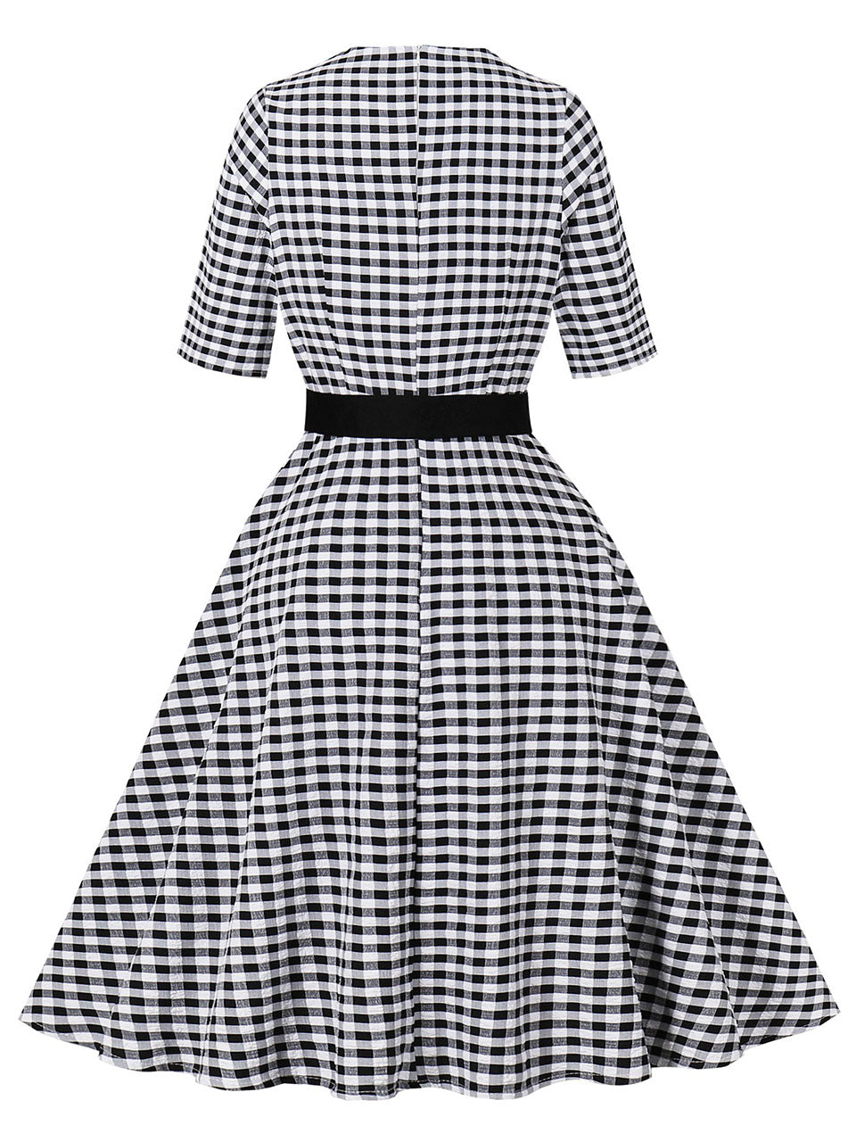 Black White Plaid Bow Neck 1950s Three-Quarter Sleeves Swing Dress