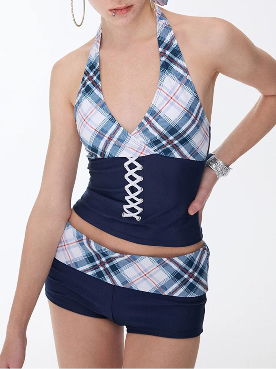 Lace Up Plaid Halter Tankini Set