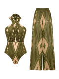 Green Floral Print Halter Neck One-piece Swimsuit