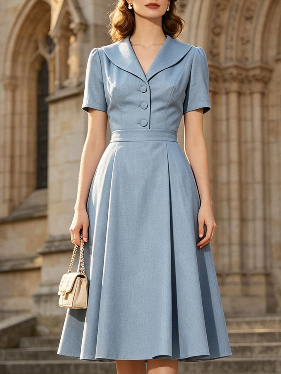 1950s Light Blue Lapel Neck Button Front Swing Dress