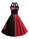Red & Black Split Halter Dress, Halloween Gothic Jester Cosplay Vintage 1950s Party Swing Dress