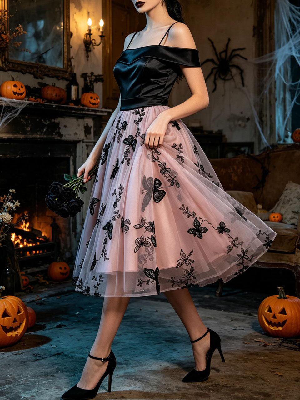 1950s Off-The-Shoulder Satin & Pink Butterfly Mesh Swing Dress