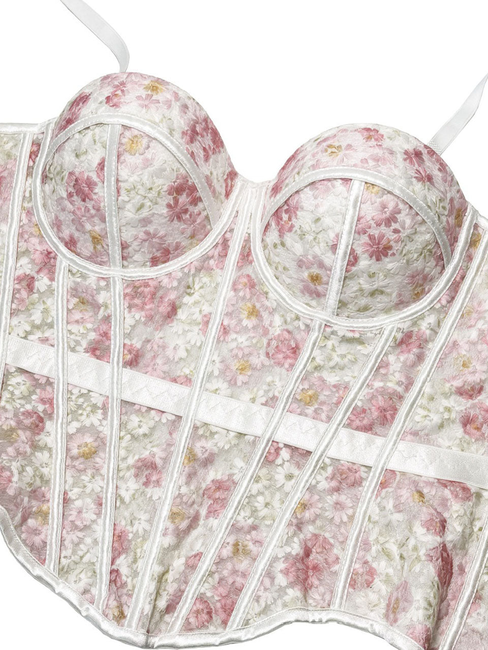 Pink Floral Embroidered Corset Top - Sheer Boned Spaghetti Strap Bustier