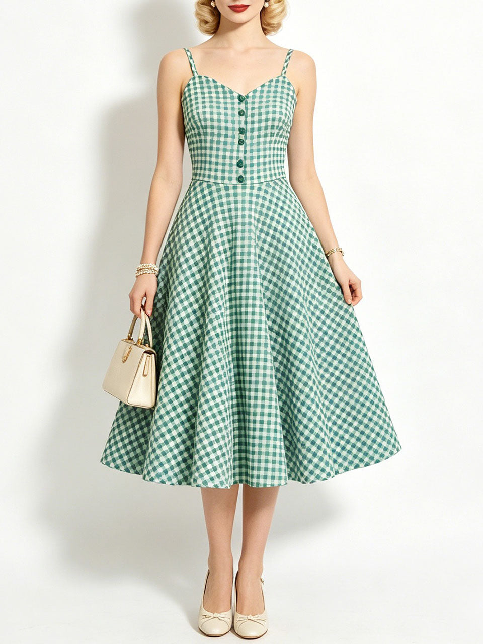 1950s Green Gingham Button Front Spaghetti Strap Swing Summer Picnic Dress