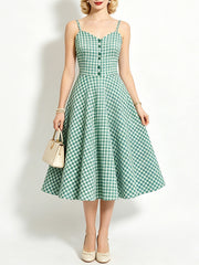 1950s Green Gingham Button Front Spaghetti Strap Swing Summer Picnic Dress
