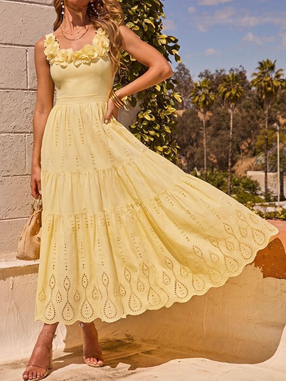 Pastel Yellow 3D Flower Applique One-Piece Swimsuit and Eyelet Cutout Long Skirt Set