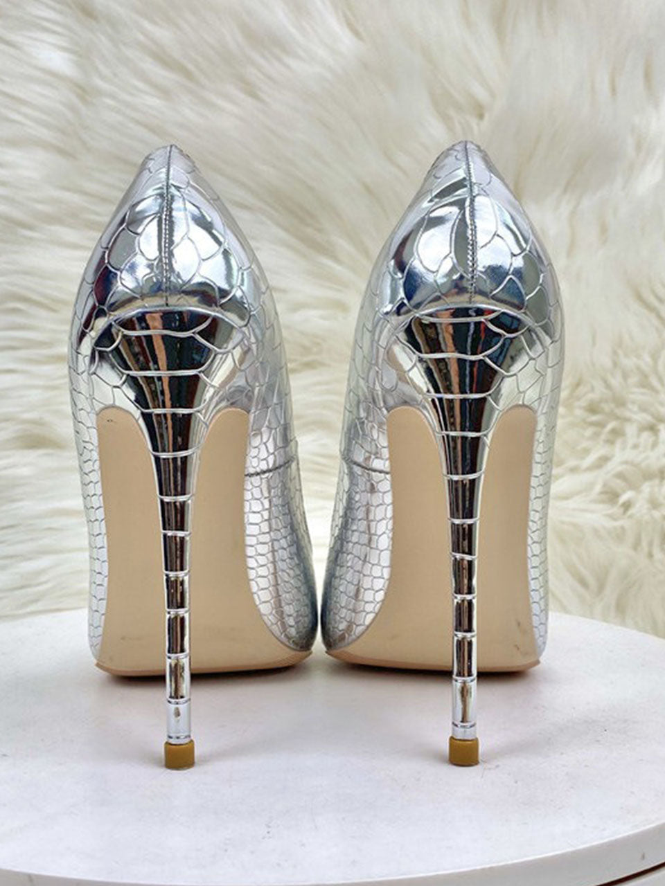 8CM High Heel Pointed Toe Metallic Silver Leather Shoes
