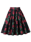 1950S Rose Print High Waist Swing Vintage Skirt