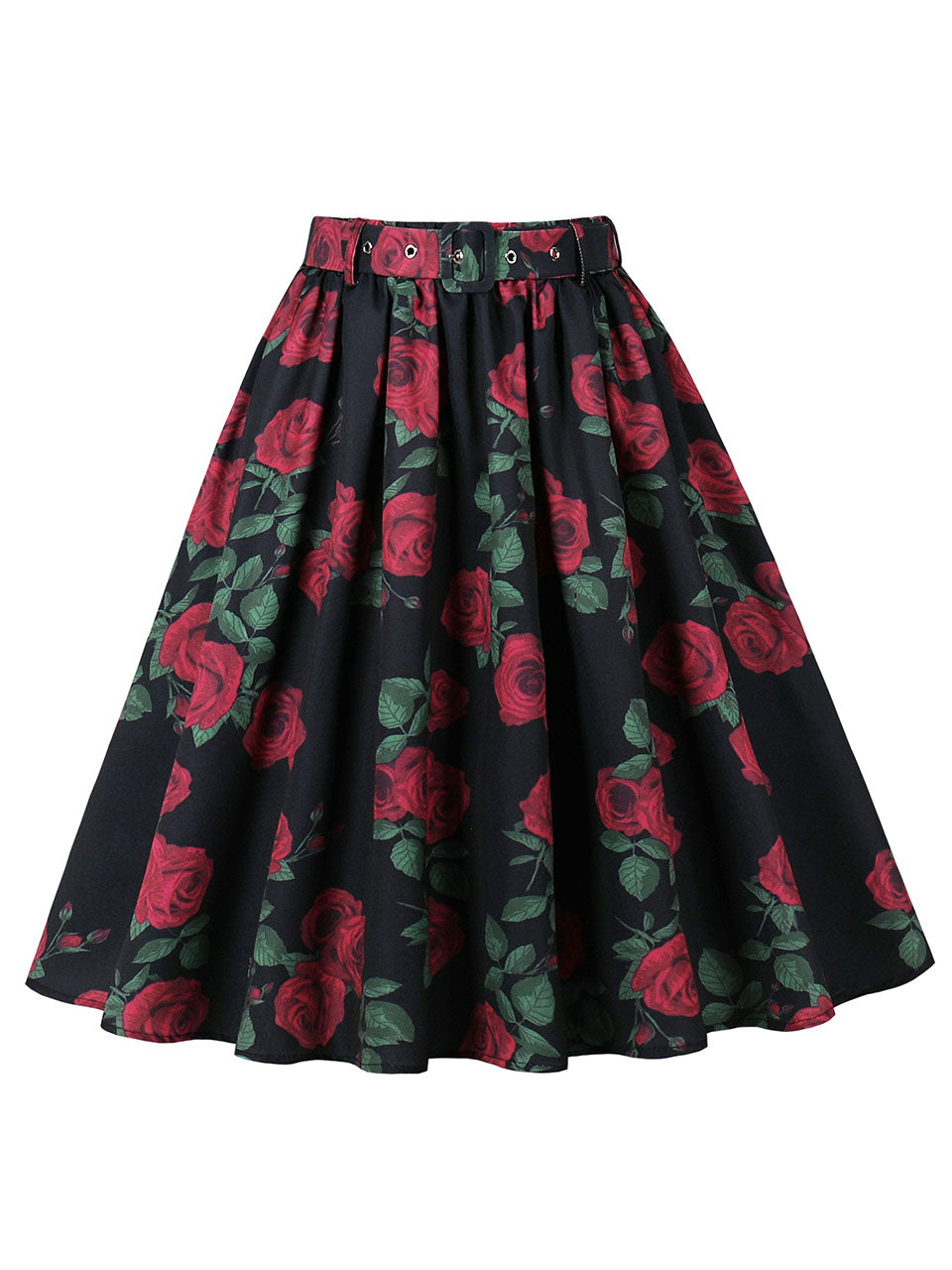 1950S Rose Print High Waist Swing Vintage Skirt