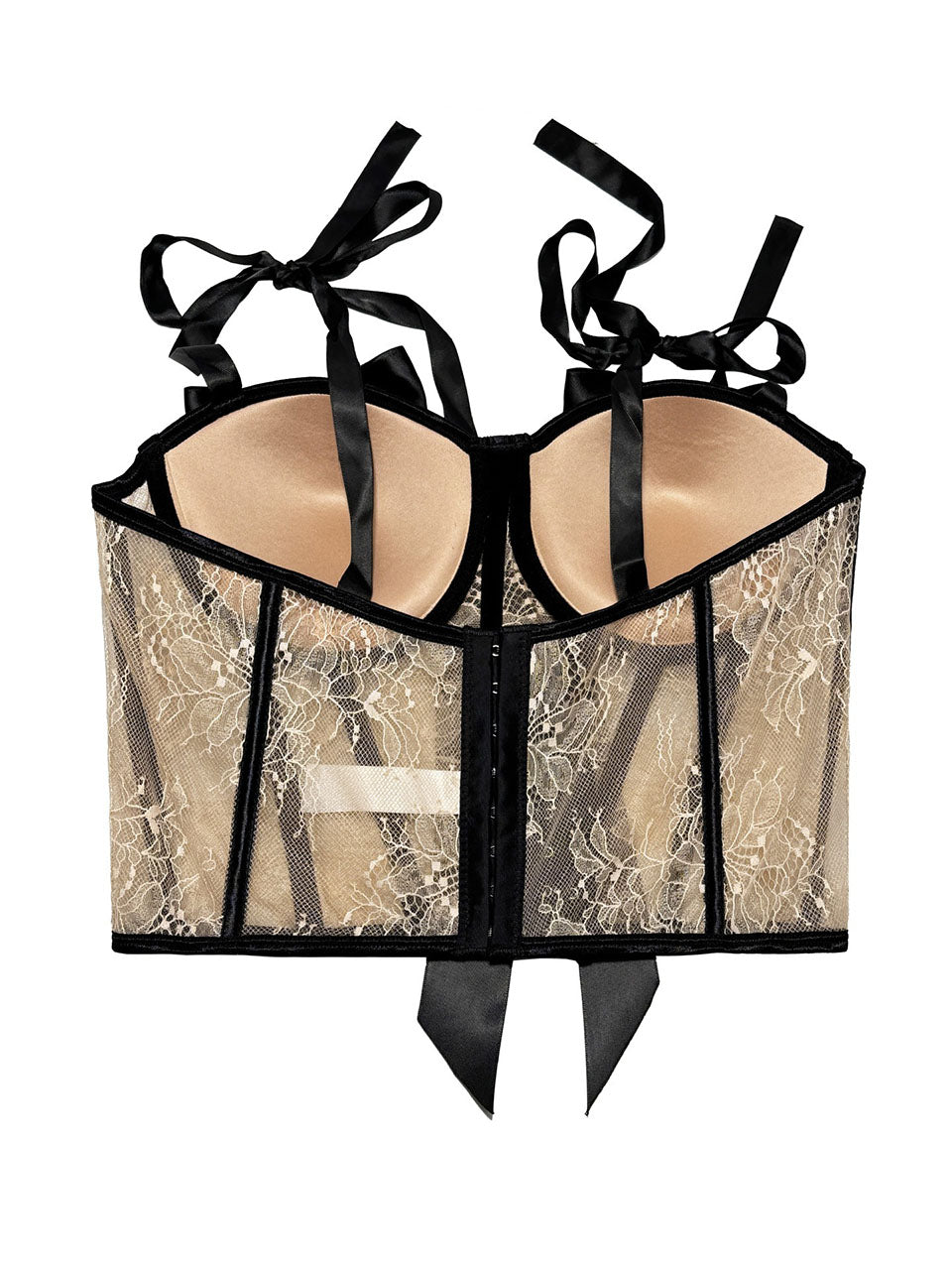 Black Bow Nude Lace Corset Top - Pearl Embellished Bustier