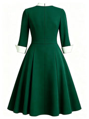 1950s Emerald Green Bow Tie Swing Dress 3/4 Sleeves