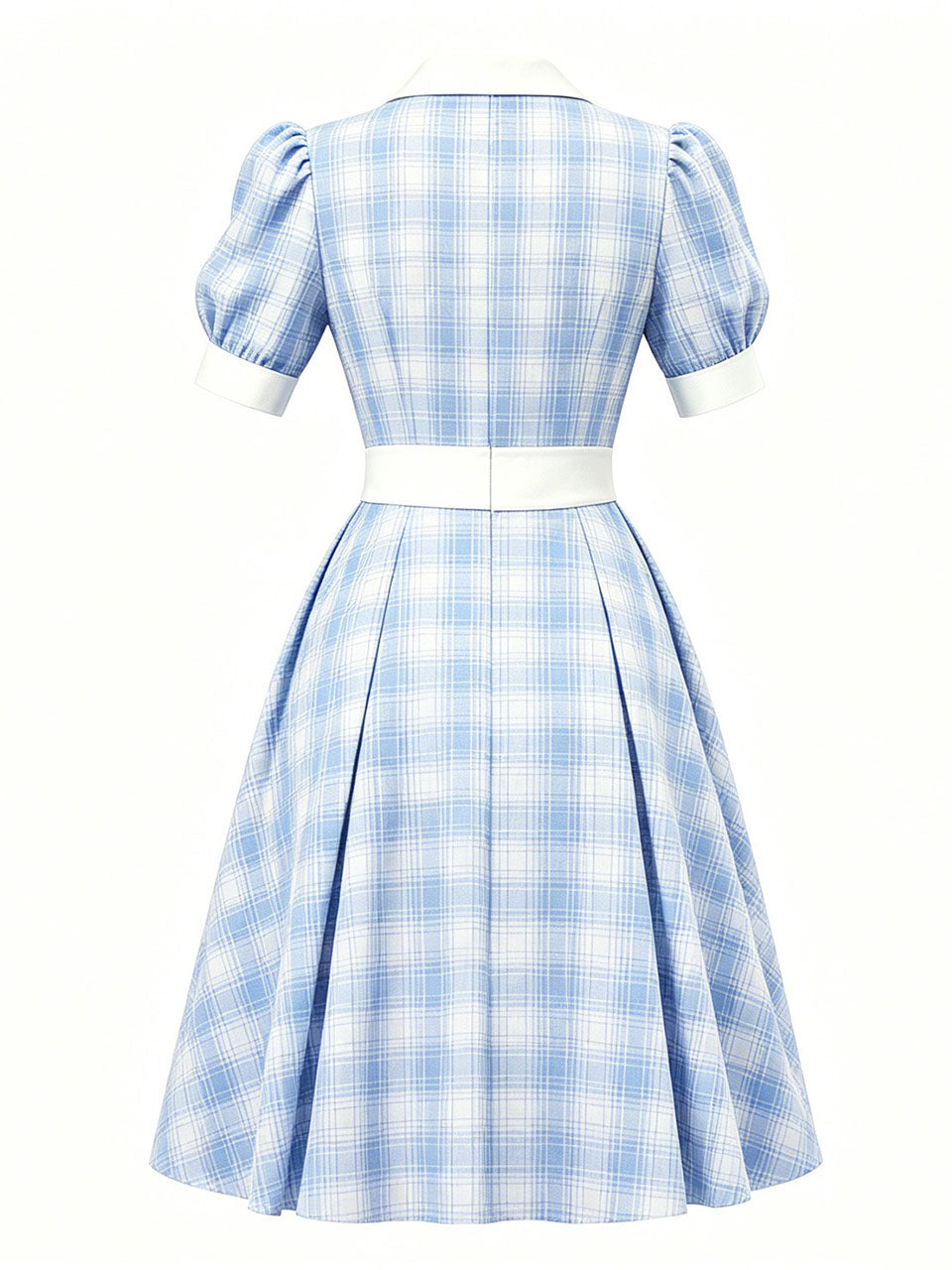 1950s Baby Blue Plaid Notch Lapel Collar Vintage Puff Sleeve Retro Swing Dress