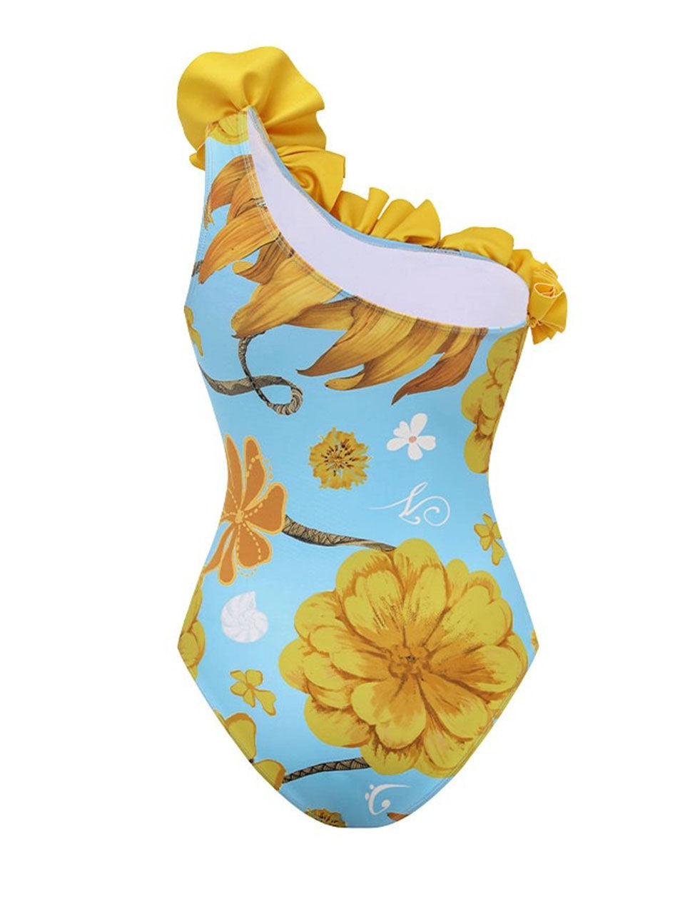 Light Blue Floral Print One-Shoulder One Piece