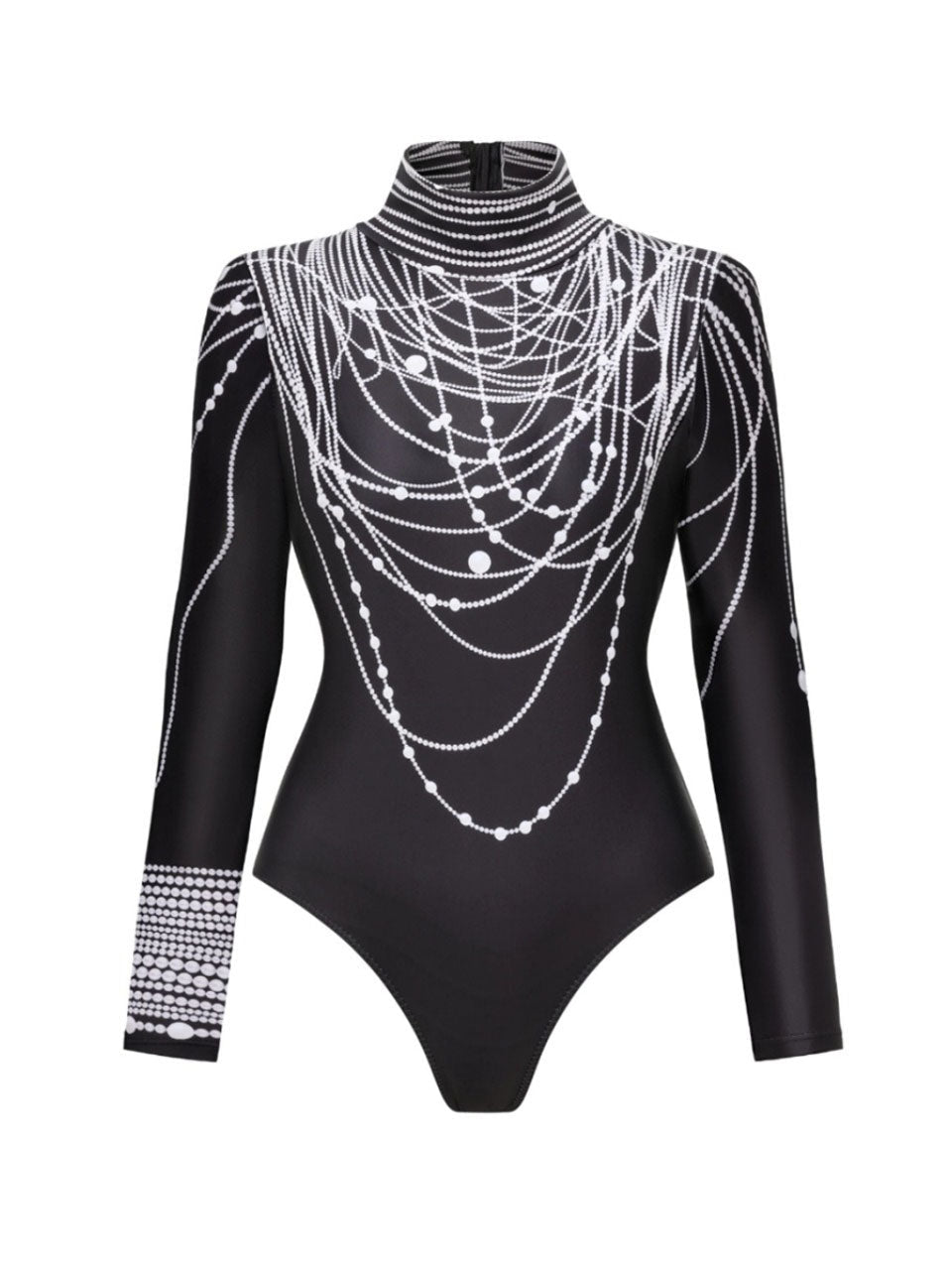 Black Beaded Chain Print Long Sleeve Bodysuit