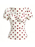 1950s Vintage  Sweetheart Neck Retro White and Red Puff Sleeve Blouse Rockabilly Shirt