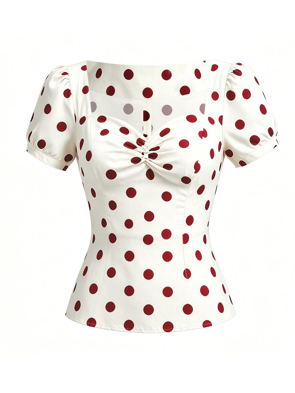 1950s Vintage  Sweetheart Neck Retro White and Red Puff Sleeve Blouse Rockabilly Shirt