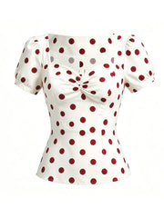 1950s Vintage  Sweetheart Neck Retro White and Red Puff Sleeve Blouse Rockabilly Shirt